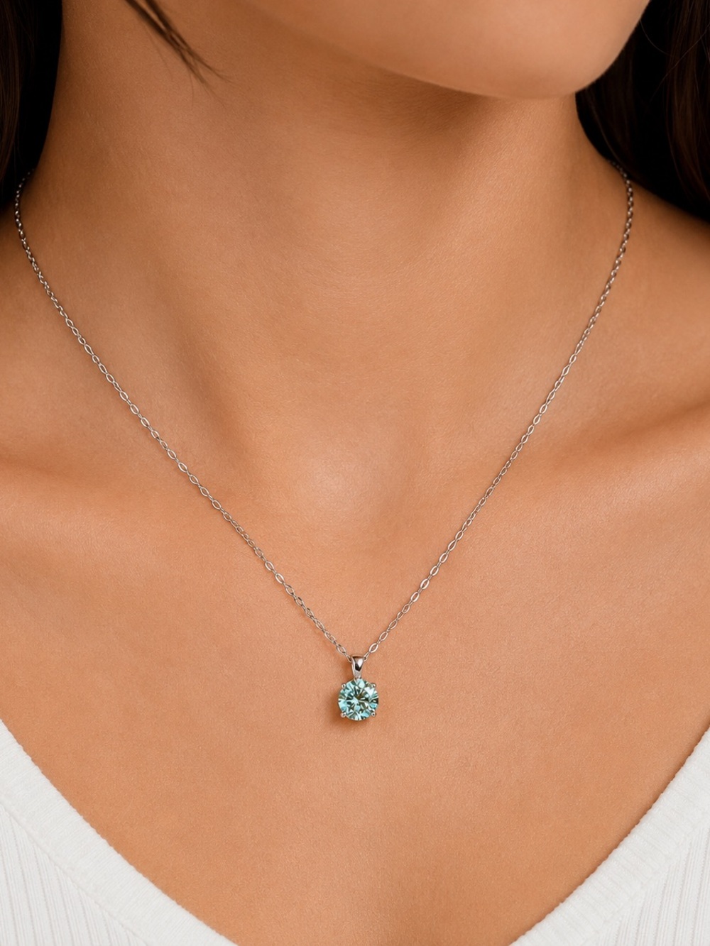 1ct Cyan Blue Green Moissanite 925 Sterling Silver Minimalist Necklace Bridal